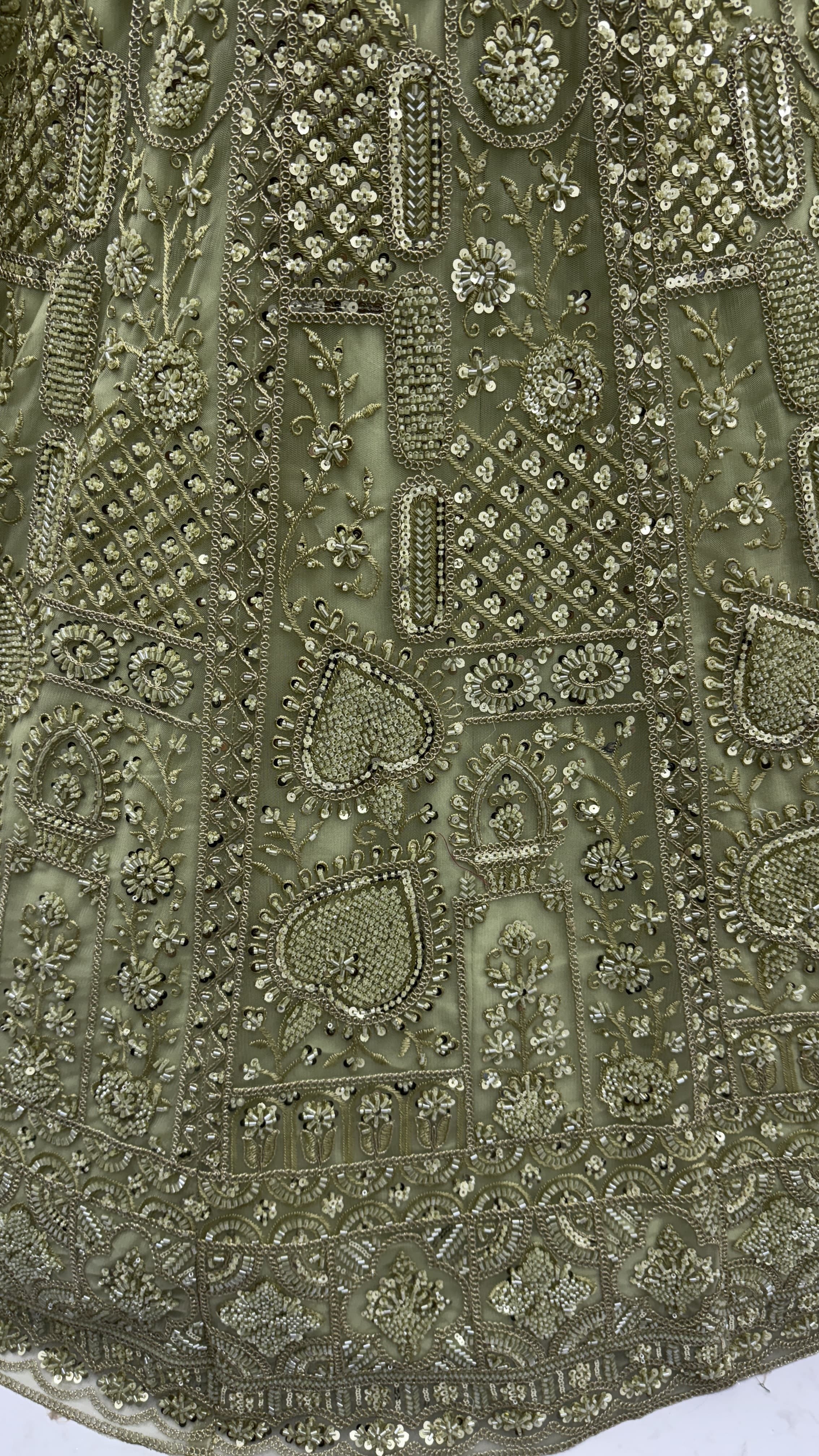 Sober Handwork Pastel Green Motif and Crystal Pipe work Designed Reception Wear Collection in Lehenga Choli